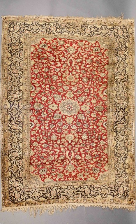 Hand Woven Silk Throw Rug: Wool. Floral on Burgundy field with cream border. Green & Blue accent colors. Measures approximately 4' x 5'5". Please consult the additional photos provided and ask all pertinent questions (i.e. cond