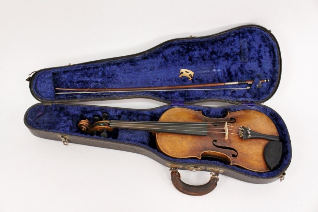 John Baptiste Schweitzer, 19th C. Violin: John Baptiste Schweitzer (Hungarian,1790-1865) violin contained within violet fabric lined case with mother of pearl inlaid and silvered wire accented bow. Length of violin 23.5"._x000D_ Please consul