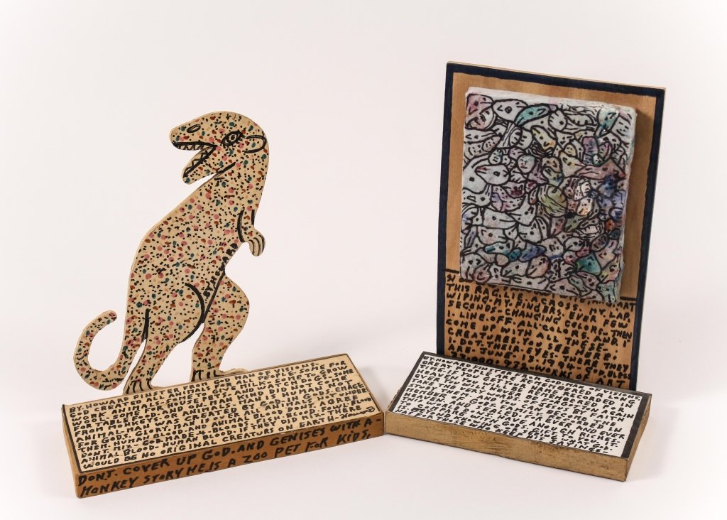 Two Howard Finster Outsider Art Sculptural Works: Howard Finster (American (Georgia), 1916-2001), collection of two wooden folk art or outsider art tabletop sculptural artworks comprising of one from the artist's "God. Man of Visions" with closely pa