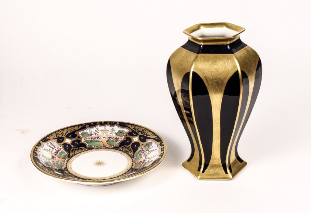 B & C Limoges Cobalt Gilt Vase w/ Bowl: France, 20th Century. Porcelain Bernardaud & Company Art Deco form vase having a scrolling floral design in gilt over cobalt ground. Bottom marked green under glaze B & C Co/Limoges/France accompanied