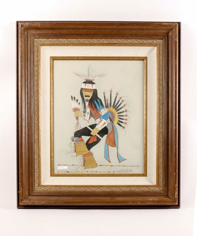 Michael Chiago, Tohono Native American Painting: Michael M. Chiago (American, b. 1946- ), "Native American Figure", gouache on paper, signed lower right. Tohono figural painting depicting a Southwestern Native American in traditional dress with brig