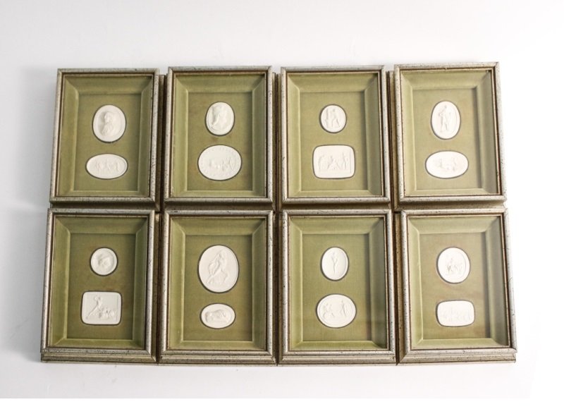 Collection of 16 Figural Plaster Intaglios, Framed: Collection of sixteen various Grand Tour figural white plaster intaglios contained in eight matching green velvet shadowbox frames (two intaglios in each frame). The majority of intaglios with Classic