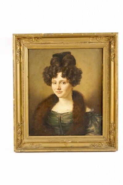 Continental School Portrait of an Elegant Woman: Continental School, 19th century. "Portrait of an Elegant Woman with Fur Stole", oil on canvas, unsigned. Formal portrait depicting a woman with curled dark brown hair with slight smile wearing expens