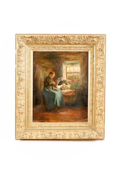 Jan David Col, Mother & Child Oil, Signed: Jan David Col (Belgian, 1822-1900). "Mother and Child", oil on canvas, signed lower left. Figural painting depicting a charming scene of a mother seated in a chair in stark cottage interior knitting n