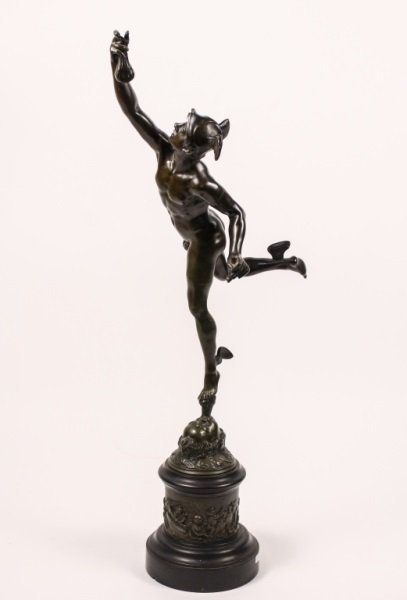 Late 19th Century Bronze Casting of Mercury: Italian, late 19th Century. Bronze casting of Mercury after Giovanni Bologna (Flemish, active in Italy, 1529 – 1608). Endowed with wings on his staff, sandals or heels, and traveler’s hat, Mercury