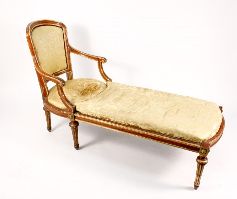 Louis XVI Paint & Parcel Gilt Duchesse Brise: French, 19th Century. Louis XVI paint and parcel gilt decorated Duchesse Brise or chaise lounge with rounded padded and upholstered back to the downswept scrolled arms over a padded and upholstered se
