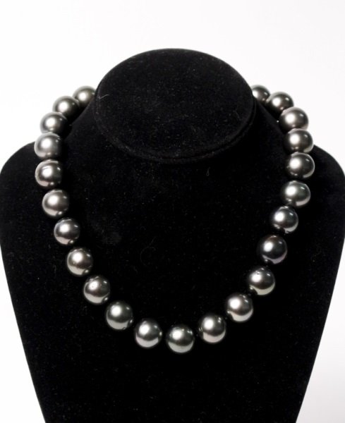 18K White Gold, Tahitian Pearl, & Diamond Necklace: Necklace strand with 27 very large Tahitian pearls measuring approximately 16mm to 17mm with 18K white gold clasp with 64 round diamonds weighing approximately 2.00 carats. Clasp marked "750" with Ita