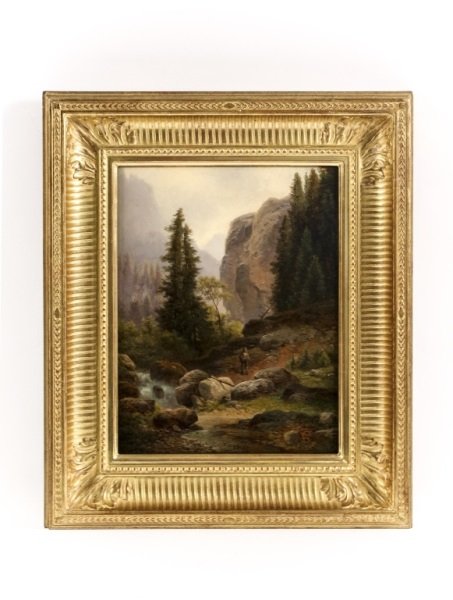 Carl Hasch Alpine Landscape w/ Figure Oil on Panel: Carl Hasch (Austrian, 1834-1897), "A Hunter in the High Mountains", oil on wood panel, monogrammed lower right. Painting depicting a male hunter in Tyrolean dress holding a hunting rifle in a mountain