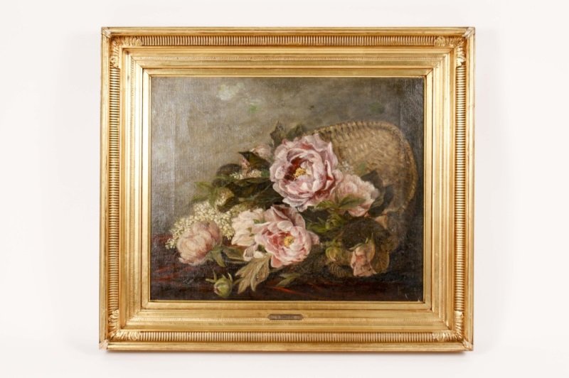 Knud Gamborg Scandinavian Floral Still Life Oil: Knud Gamborg (Danish, 1828-1900), "Floral Still Life with Basket", oil on canvas, monogrammed lower right. Still life painting depicting a pink peonies and smaller white flowers in a basket on a table