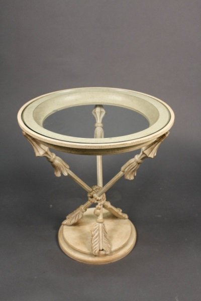 Italian Painted Gueridon w/ Triple Arrow Base: Italian, 20th Century. Paint decorated circular gueridon or side table with inset glass top supported by three tassel wrapped arrows on a stepped socle base. Height 23", width 21.75". Please consult t