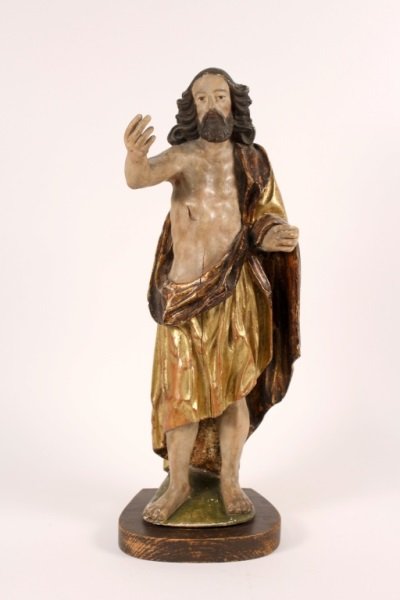 Carved, Polychrome & Gilt Accented Risen Christ: German School, 18th/19th century. Hand carved, polychrome and gilt accented ecclesiastic figural sculpture of the Risen Christ. Christ depicted standing at full length with dark long hair and beard, e
