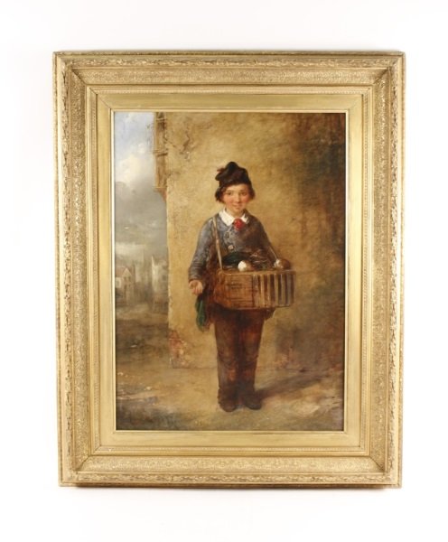 Follower of Sir Thomas Lawrence, Figural Oil: Follower of Sir Thomas Lawrence (British, 1769-1830), "The Rabbit Seller", oil on canvas, illegibly signed lower left. Charming figural painting depicting a young child rabbit seller in cap and blue j