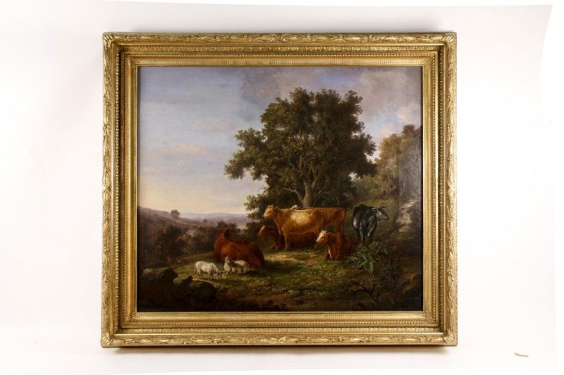 John White Allen Scott Pastoral Oil, Signed: John White Allen Scott (American, 1815-1907), "New England Pastoral Landscape with Cows and Sheep"-1854, oil on canvas, signed and dated lower right. Serene pastoral landscape depicting a rolling New