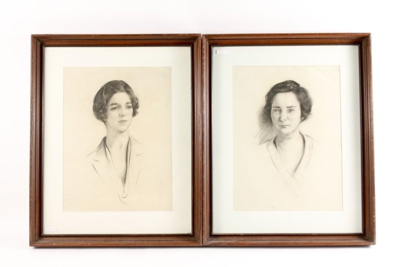 Aiden Lassell Ripley, Pair of Charcoal Portraits: Aiden Lassell Ripley (American, 1896-1969), Pair of charcoal bust length portraits of women, unsigned, verso with label that reads "FROM THE ESTATE OF A. LASSELL RIPLEY". Each figural portrait depicti