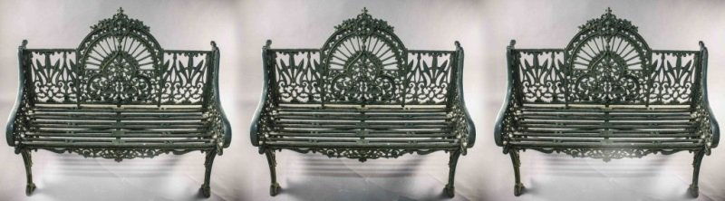 Set 3 Gothic Style Cast Iron Garden Benches: 19th Century, in the manner of The Coalbrookdale Foundry. Matched set of 3 Gothic style green painted cast iron garden benches, each with shaped crest rail with arched back centered with pierced trace