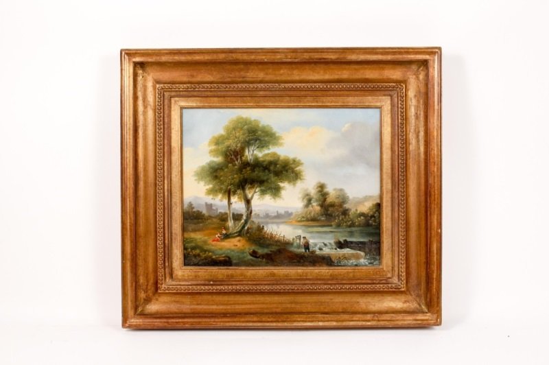 Continental, Landscape w/Figures Oil, 19th C.: Continental School, 19th century, "Landscape with Figures on Riverbank", oil on canvas, apparently unsigned. Painting depicting a two women seated and resting underneath a large tree by a river, a fis