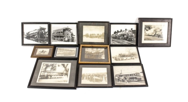 Group of 12 Photographs, Transportation & Others: Collection of twelve framed photographs comprising of themes of the Atlantic City bus in 1953, two of the Stanley Steamer racer; a Peach Belt Lines, Georgia bus; a trolley car; a New York tour wagon; 