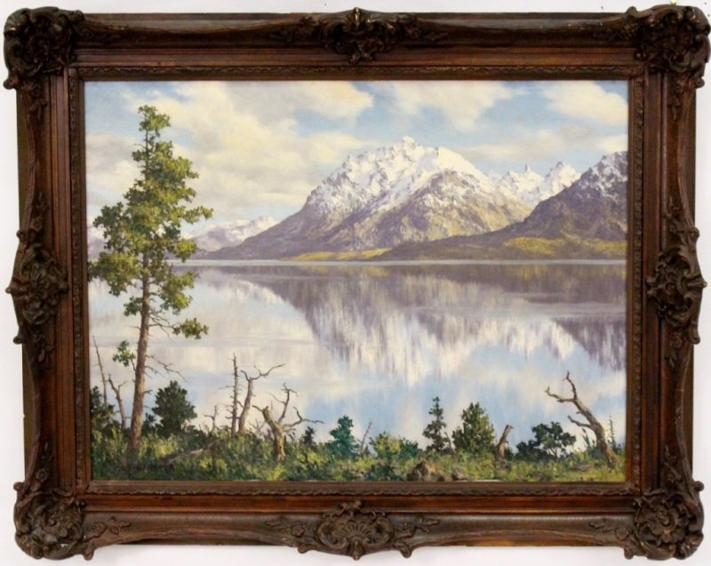 Mountain Landscape Oil Signed Lachmayr: S. Lachmayr (American, 20th century), "Mountain Landscape" (circa 1960s-1970s), oil on canvas, signed lower left. Landscape painting depicting a snowy mountain range with jagged sides and peaks with q