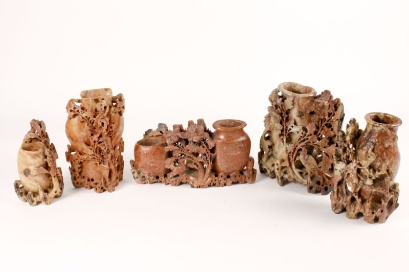 Group of 5 19th C. Mostly Russet Soapstone Vases: Chinese, 19th Century. Group of five carved soapstone vases comprised of a double vase with birds and peony with incised decoration to the vases (height 5.8", width 10.5"), handled vase with foliage (