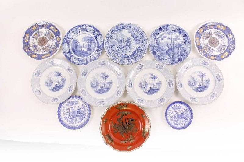 Group of 19th Century Landscape Motif Plates: A collection of English dinner and dessert plates comprising of a set of four WIlliam Ridgway & Co. (English, 1830-1854) ironstone transferware dinner plates in the "Euphrates" pattern (c. mid 19th ce