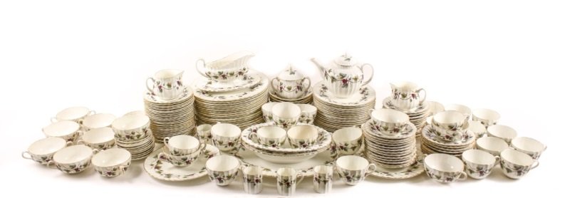 Set of Royal Worcester "Bacchanal" Pattern China: A 157 piece set of Royal Worcester (1751- ) "Bacchanal - Cream" bone china comprising of 19 dinner plates (10.5"), 18 salad plates (8.25"), 2 luncheon plates (9"), 12 cereal bowls (6.25), 12 soup bowl