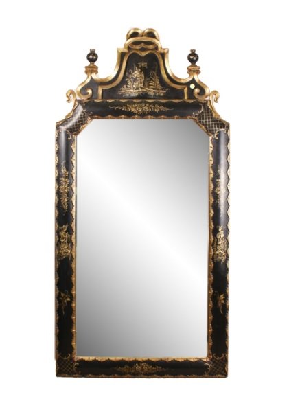 Italian Black Lacquered & Gilt Chinoiserie Mirror: Italian, 20th century. Black lacquered and gilt accented wall mirror with hand painted figural and floral chinoiserie decoration on frame surrounding vertically-aligned looking glass. Black urn forms 