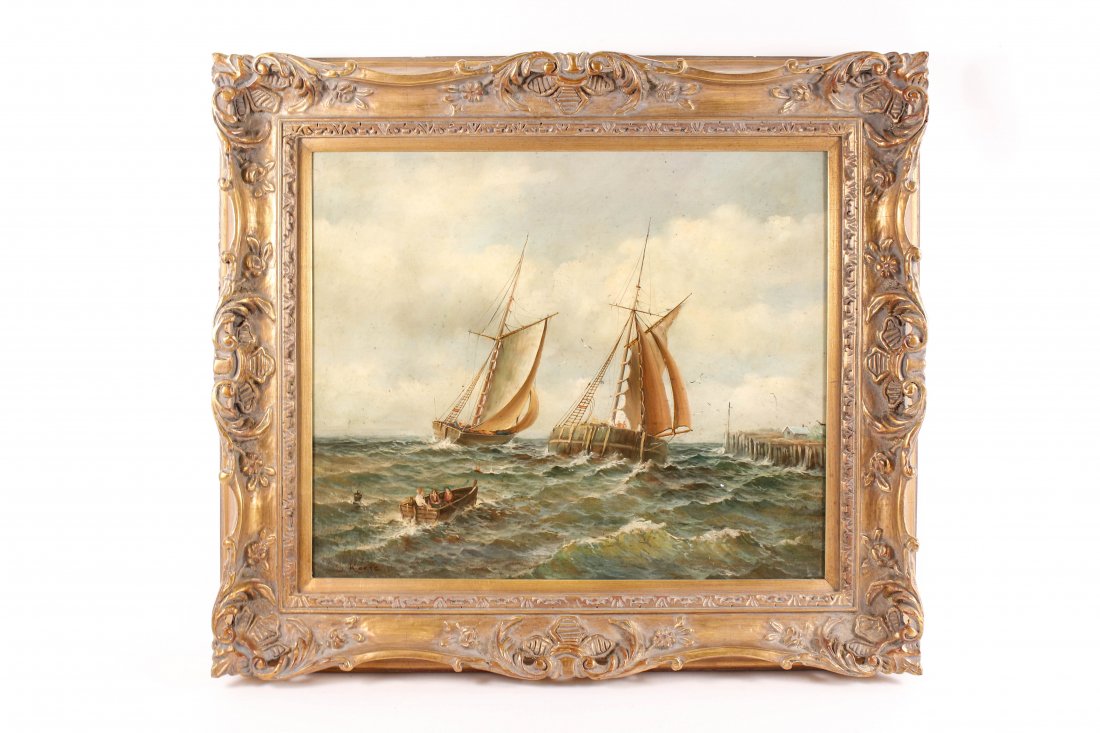 "Tall Ships Near Shore", O/C, 19th C., Signed: American School, 19th century. "Tall Ships Near Shore", oil on canvas. Painting depicts two tall ships with sails up in choppy waters near a sea wall, with a small rowboat carrying three passengers to
