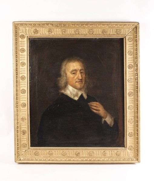 17th/18th C. Dutch Portrait of a Man, Unsigned: Dutch, 17th/18th century. Unsigned portrait of a man with shoulder length grey to white hair wearing black jacket with white collar and cuffs with hand to his chest in the circle of Paulus Lesire (Net