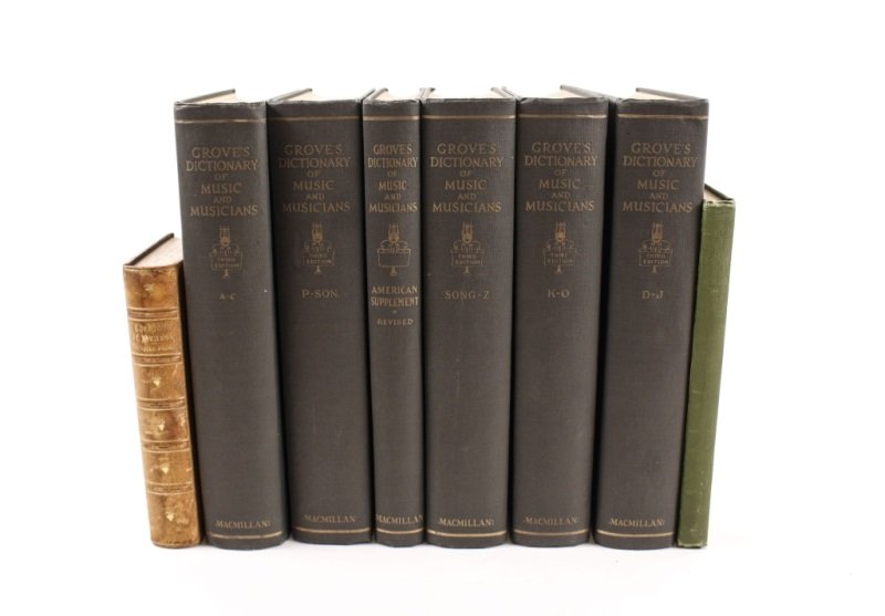 Grove's Dictionary of Music & Musicians", 1939: A collection of 8 music and Christianity themed books comprising of "Grove's Dictionary of Music and Musicians" Full Set, Third Edition, A-C, D-J, K-O, P-Son, Song-Z, and the American Supplement, publ