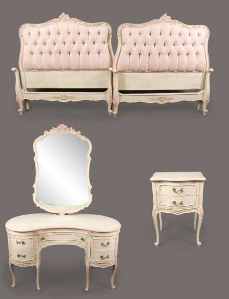 Child's Painted Bedroom 5-Piece Suite: American, 20th Century. Louis XV style paint decorated five piece bedroom suite comprised of a pair of twin beds with upholstered button back headboards, side rails and shaped footboards, two drawer b