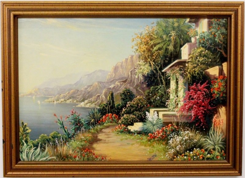 20th C. Mediterranean Landscape, Signed: Continental School, 20th century. Mediterranean landscape painting colorfully rendered to depict a Mediterranean villa with seascape in the background. Signed lower center "Helpers". Framed 21.75" x 2