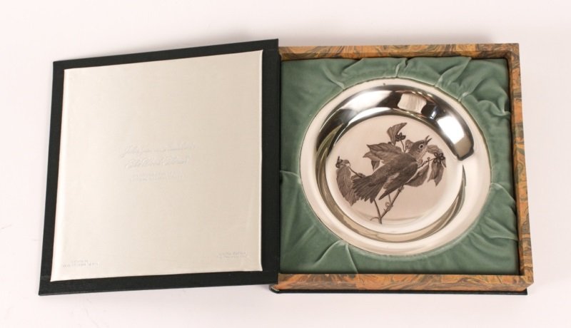 James Audubon "The Wood Thrush" Sterling Plate: John James Audubon "The Wood Thrush", collectible sterling silver plate issued through the National Audubon Society. Round sterling silver plate with bird perched on branches on tondo. Marked on botto