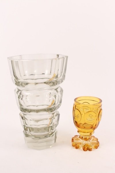 Moser Cut Glass Vase and Goblet, c. 1920: An octagonal cut glass vase attributed to Moser (Czech Republic, 1857- ) for the Weiner Werkstatte, designed by Josef Hoffman (Polish, 1876-1957). Unsigned but firmly attributed to Moser, 10" tall x 6