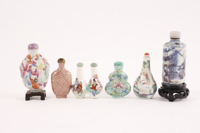 Group of 6 Handpainted Glass Snuff Bottles: Group of six painted glass snuff bottles comprising of a cobalt blue under glazed landscape motif bottle (3.5"), a figural snuff bottle in relief depicting Chinese elders with an amethyst stopper (3.2