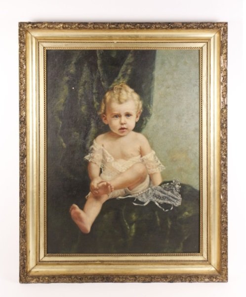 Portrait of Claude Shelverton", American, 19th C.: American School, 19th century. "Portrait of Claude Shelverton", oil on canvas. Painting depicts a blonde toddler boy dressed in fine lace gown sitting and holding his own foot while perched on and in 