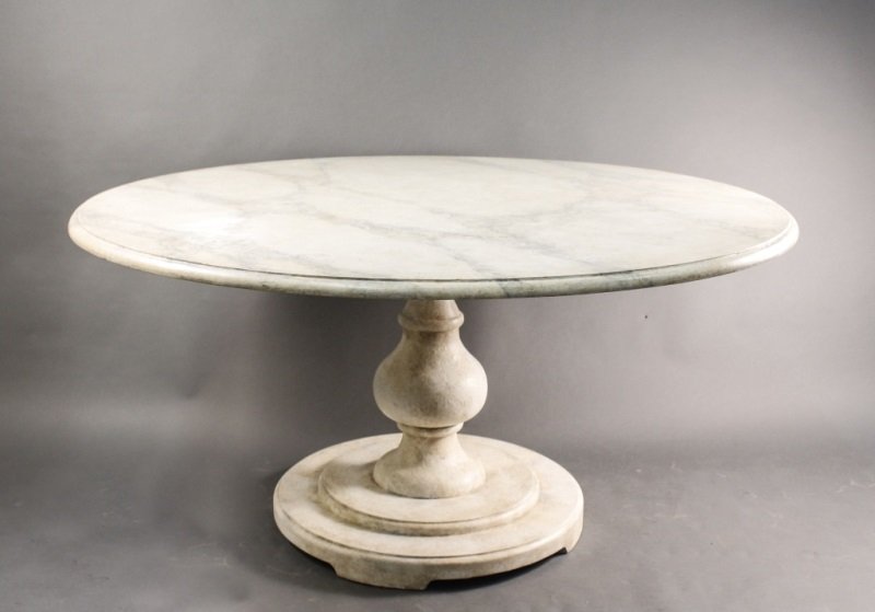 Roman Garden Table Attributed To Niermann Weeks: American, 20th Century. Faux painted Roman garden table or breakfast table with circular top in Alabaster grey faux marble over balustrade shaped dappled white base, apparently unmarked -identical tab