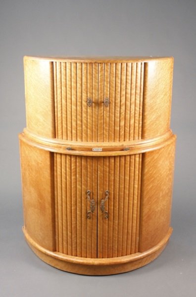 Rivington Art Deco Maple Cocktail Cabinet: English, 20th Century. Rivington Art Deco birds eye maple cocktail cabinet or bar cabinet with demilune superstructure with tambour doors over a confirming mirrored slide and case with two large tambo