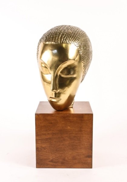 After Brancusi, "Sleeping Muse" Sculpture: After Constantin Brancusi (Romanian/French, 1876-1957), "Sleeping Muse"-1910-11, metal sculpture with gold patina, signed on side of neck "C. Brancusi". Figural sculptural head of a young woman render