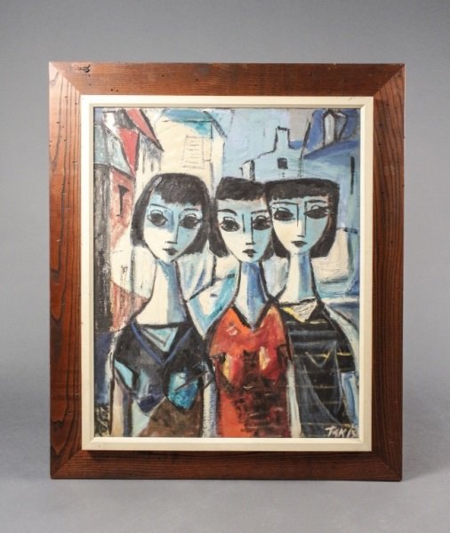 Nicholas Takis "Three Girls", Signed Oil on Canvas: Nicholas Takis (American (New York), 1903-1965), "Three Girls", oil on canvas, signed lower right "TAKIS". Modern figural painting depicting three young girls with stylized faces and elongated necks o