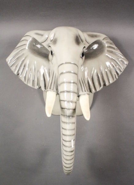 Sermel Papier Mache Large Elephant Head Trophy: Mexican, 20th Century. Large Elephant head trophy made by the Sermel paper mache studio in Tonala, Jalisco, Mexico. Height 36", width 36", depth to tusks 27". Notes: The workshop was founded in 1963 b