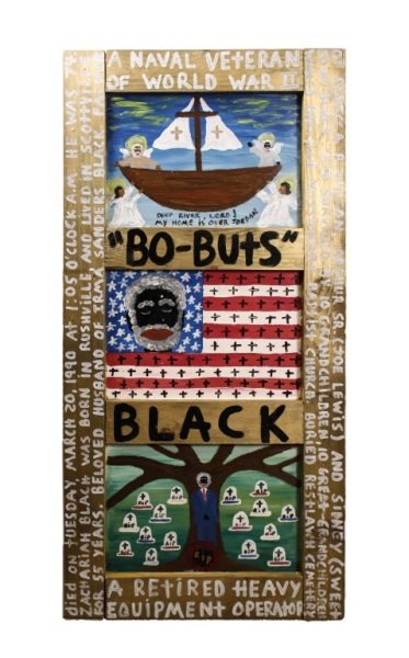 Alan Sainte James Boudrot "Bo-Buts" Outsider Art: Alan Sainte (St.) James Boudrot (American (Louisiana), Contemporary), " 'Bo-Buts' Black", acrylic and oil paint on wood re-purposed from crate, signed on verso. Outsider artist painting commemorating 