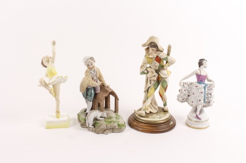 Group of 4 Porcelain Dancing & Playing Figurines: A group of four porcelain figurines comprising of a Royal Worcester entitled "Tuesday's Child is Full of Grace" depicting a young ballerina in a white tutu (8"), a Capodimonte figurine depicting a dan