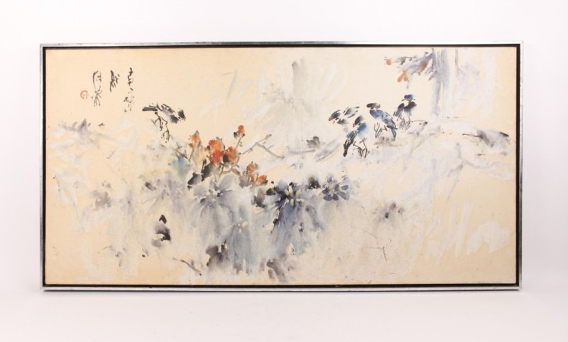 Japanese, "Birds", WC on Canvas, 20th C.: John Chi (Chinese/ Taiwanese/ American, 1937-?). "Birds" - c. 1965, watercolor on canvas. Painting comprising of loosely painted blue and black birds resting on white branches flowered with orange blo