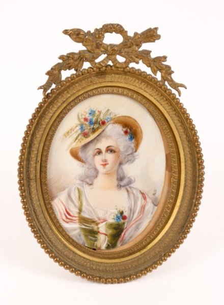 Miniature Portrait on Ivory of Woman in Floral Hat: Continental School, Mid to Late 19th century. Miniature portrait on ivory depicting a young woman with white to gray curled hair wearing a floral decorated hat, green bodice and red striped sheer wrap
