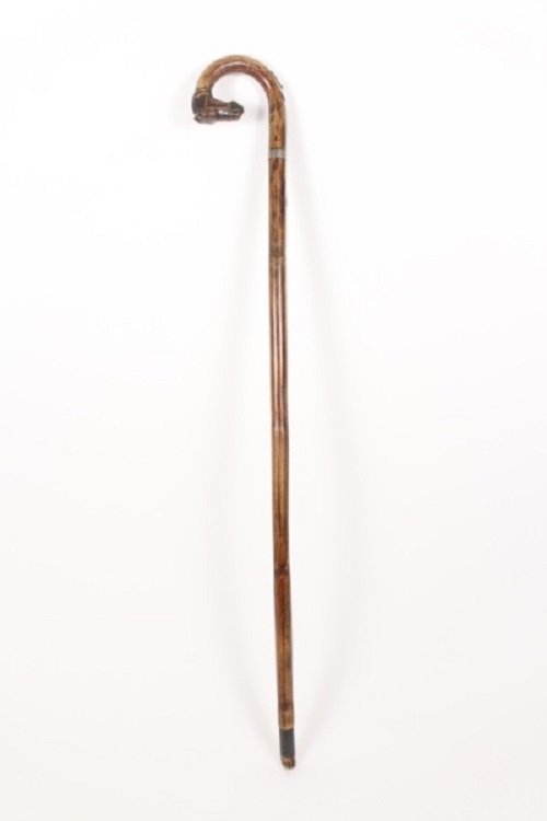 Sterling Mounted & Carved Horse Head Cane, c. 1915: E.S. Barnsley & Co. Ltd. (English, first quarter of 20th century). Hand carved wooden walking stick or cane with curved handle in the form of a bridled horse head with exposed teeth above a sterling s