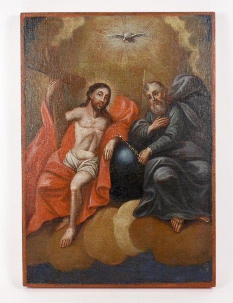 Ecclesiastic Painting of "Holy Trinity" Wood Board: 20th century. Spanish Colonial style religious oil painting on wood board depicting the Holy Trinity with Jesus Christ with stigmata marks from crucifixion holding wooden cross draped in red and white