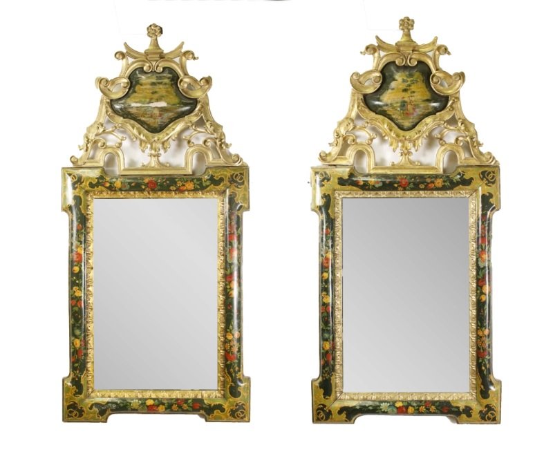 Pair of Italian 19th C. Painted & Giltwood Mirrors: Italian, 19th century. Pair of finely hand painted, carved and giltwood wall mirrors. Each with vertically aligned looking glass or mirror within gilt leaf tip border contained within rounded wood fra