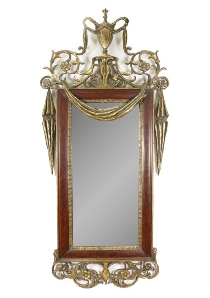 Italian Parcel Gilt Carved Wall Mirror, 19th C.: Italian, 19th century. Hand carved and parcel gilt wall mirror with fluted urn with draped swag cloth above scrolled foliates with rosette accents and additional swag accents on crest above rectangula