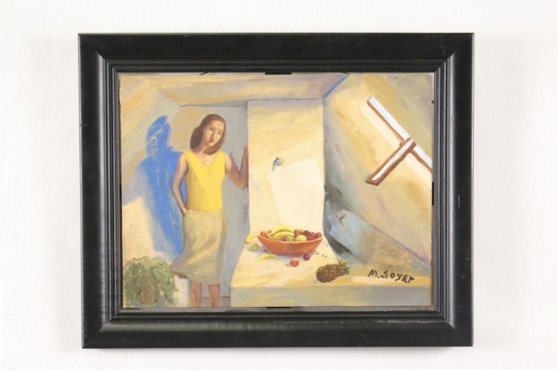 Moses Soyer Figural Oil on Wood Board, Signed: Moses Soyer (American (New York), 1899-1974), "Woman with Fruit Bowl", oil on wood board or panel, signed lower right "M. SOYER". Figural painting depicting a young woman wearing a yellow sleeveless s