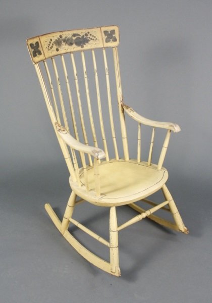 18th C. American Salem Rocking Chair: American (possibly J.D. Pratt, Lunenburg, Massachusetts), 18th century (circa 1760-1780). Period Salem rocker with pale yellow finish hand decorated concave rectangular splat with flowers, fruit and l